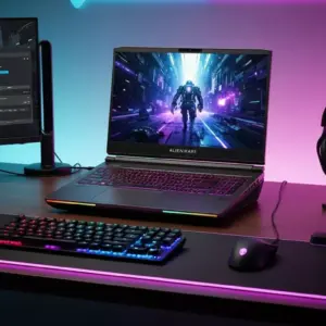 Alienware 18 Area-51 2025 showcased on a gaming desk with RGB lighting, sleek metallic finish, 18-inch screen glowing in a dark room, premium setup ambiance