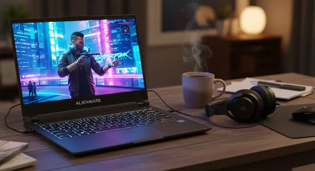 Alienware 18 Area-51 on a wooden desk, screen displaying Cyberpunk 2077 gameplay, ambient neon reflections, coffee mug beside it — cozy, real-life gamer setup
