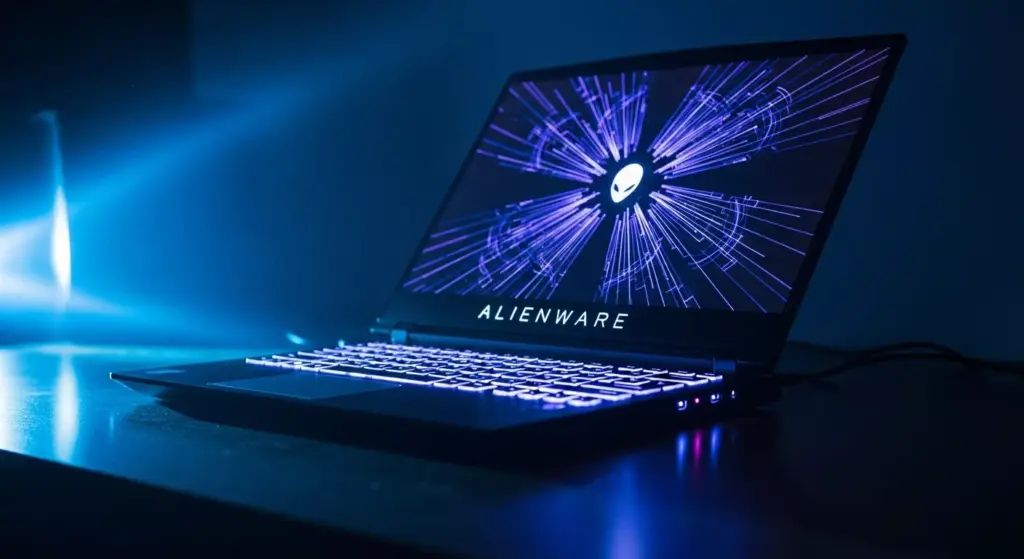 Alienware 18 laptop in dark room showing AlienFX lighting patterns glowing in blue and purple, cinematic shot