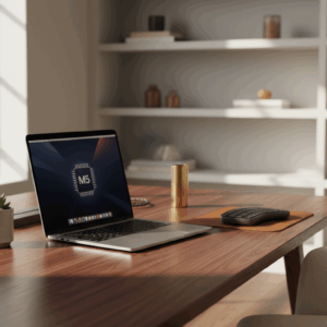 Apple 14-inch MacBook Pro with M5 chip on modern workspace desk.