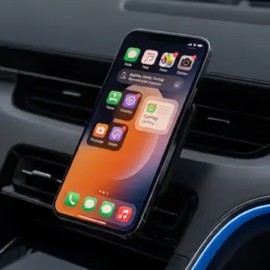 Apple iPhone 17 Pro displayed on a car dashboard with Apple CarPlay 2.0 interface glowin
