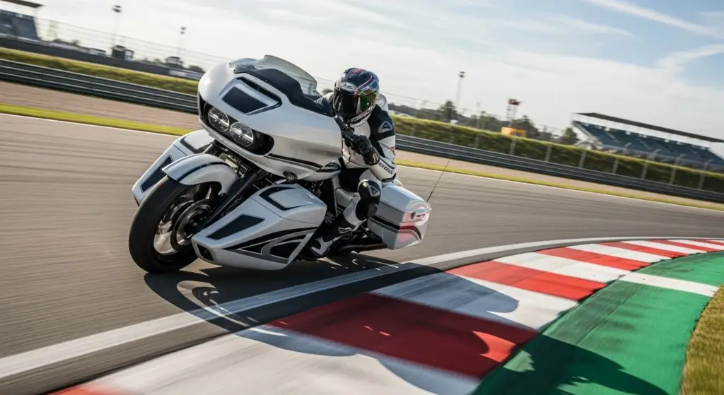 Bagger bike leaning into a corner at high speed, racetrack background
