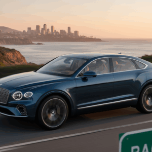 2027 Bentley EV SUV driving on an open American highway during sunrise