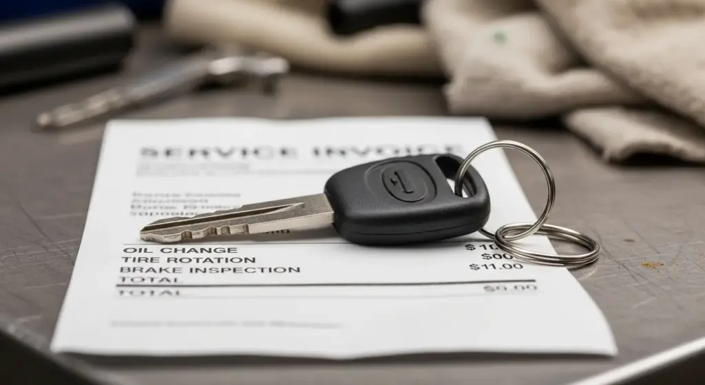 Bike warranty documents and repair bill on workshop table