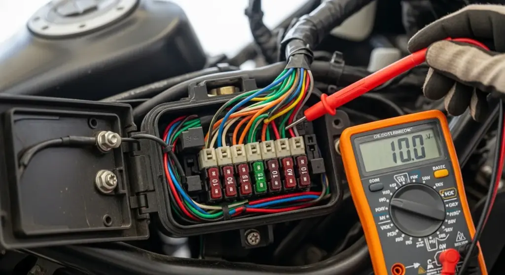 Biker troubleshooting electrical issue.