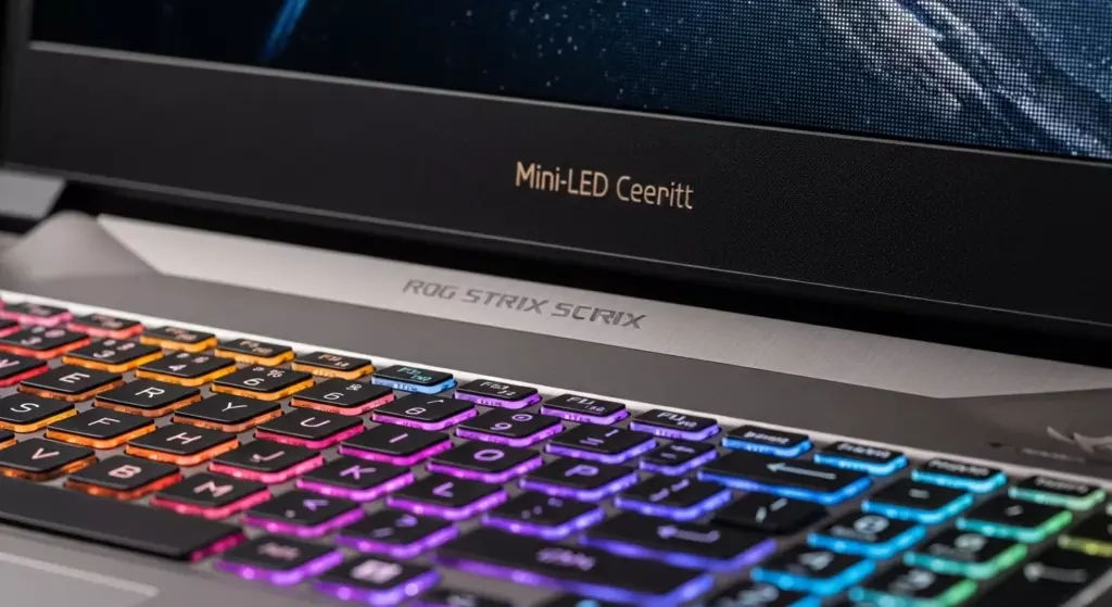 Close-up macro shots of ASUS ROG Strix SCAR 18 body lines, RGB keyboard glow, Mini-LED panel clarity, and metallic finish under studio lighting