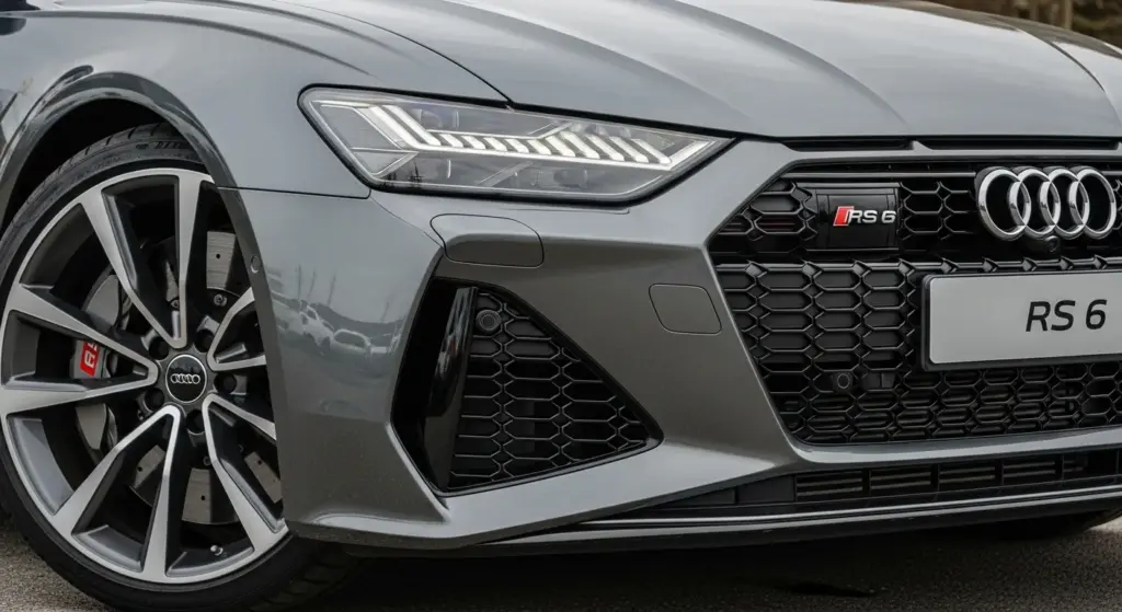 Close-up of 2026 Audi RS6 Avant front grille
