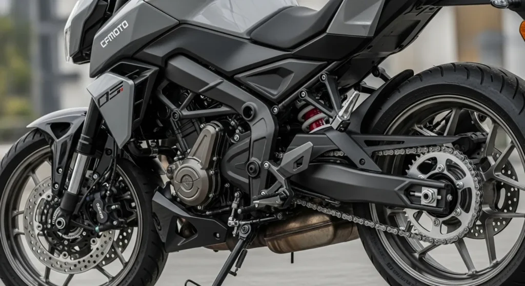 Close-up of 2026 CFMoto 675NK design with TFT display and sharp body lines.