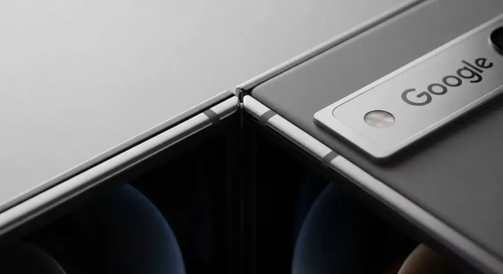 Close-up of Google Pixel 9 Pro Fold hinge, display edges, and back panel in soft natural light — minimalist composition, highlighting craftsmanship