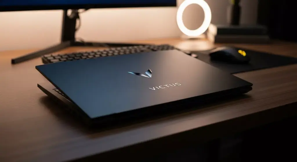 Close-up of HP Victus 15 laptop, showing keyboard, Copilot key, large touchpad, slim chassis, studio lighting, angled top-down view