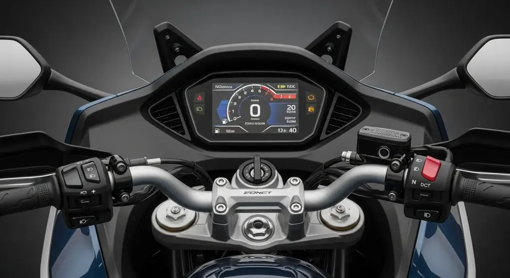 Close-up of Honda NT1100 DCT’s TFT screen, DCT shifter, and ergonomic touring setup..076Z
