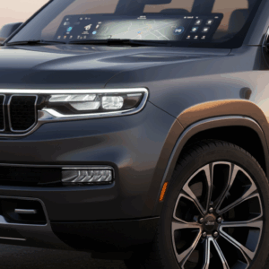 Close-up of Jeep Wagoneer S EV interior screens, instrument cluster, and dashboard design.