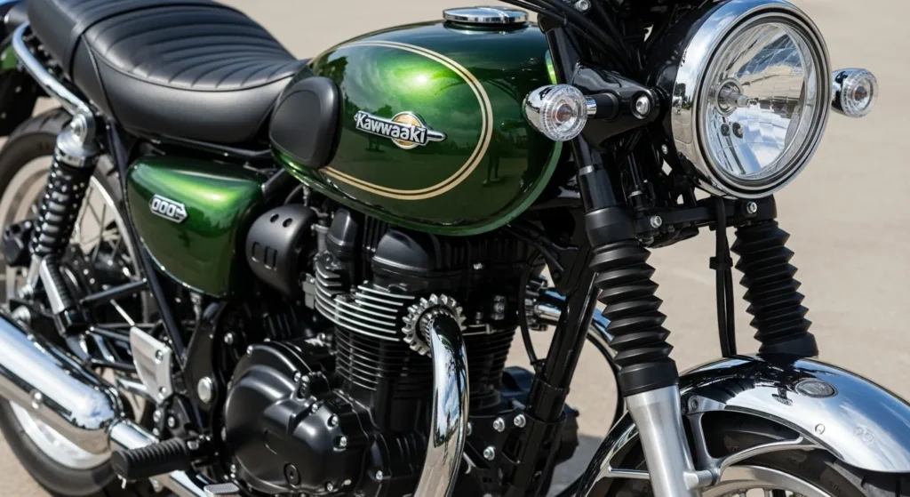 Close-up of Kawasaki W230 2025 showcasing retro headlamp, tank, and spoke wheels.