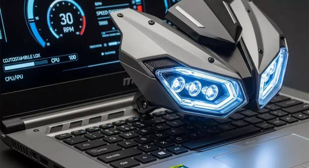 Close-up of MSI Crosshair 16 HX AI body lines, LED headlamp cluster, sculpted fuel tank, digital display, matte-metal accents