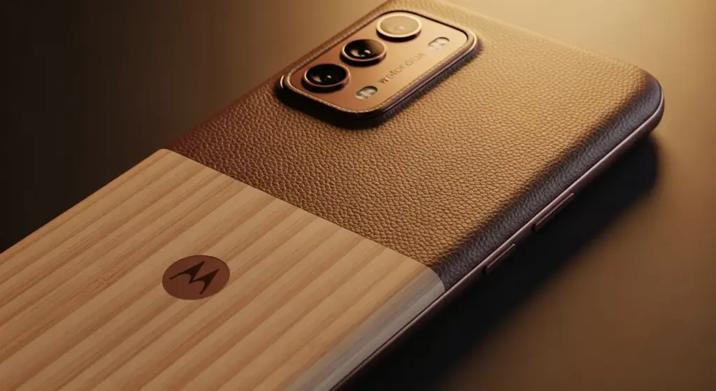 Close-up of Motorola Edge 50 Ultra rear panel showing real-wood and vegan leather texture; angled light reflecting on curved edges and camera island
