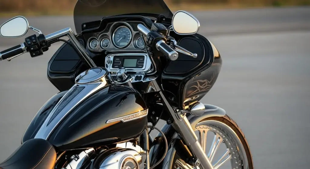 Close-up of Road Glide bagger exterior, instrument cluster, rims