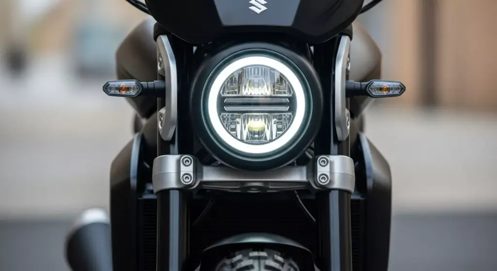 Close-up of Suzuki e-VanVan electric motorcycle concept showing round LED headlight