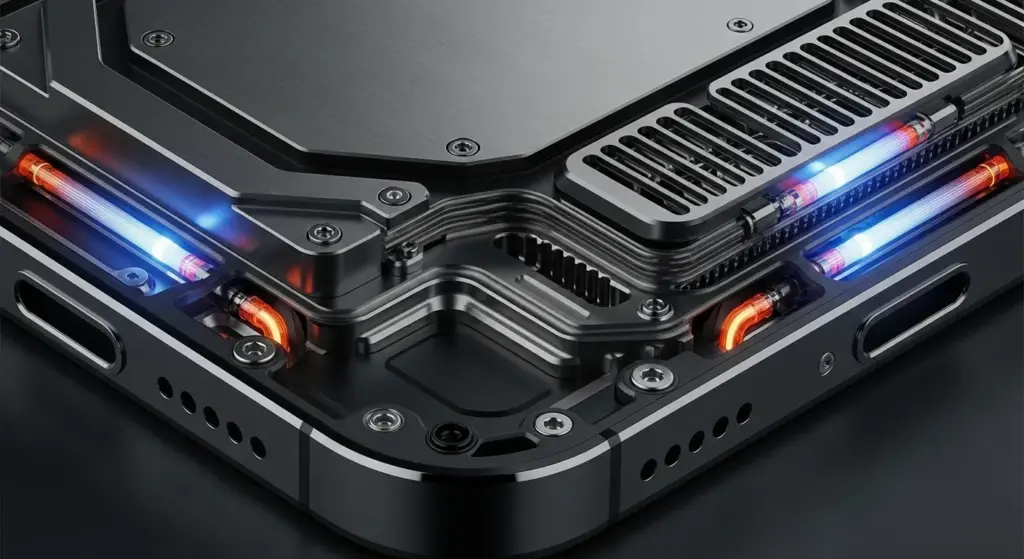 Close-up of iPhone 17 Pro’s aluminum frame and cooling system