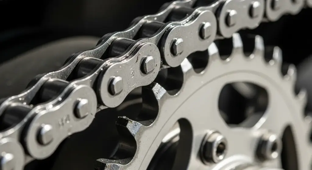 Close up of new motorcycle chain and sprocket after maintenance