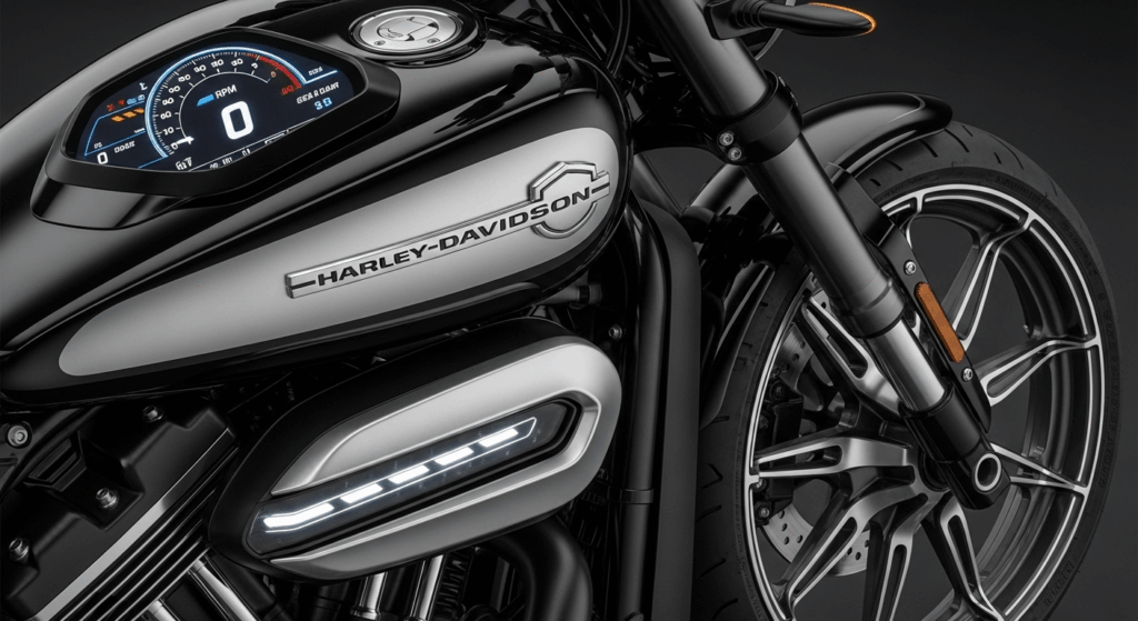 Close-up of the 2026 Harley-Davidson Street 500’s modern design with LED lights and sleek tank lines.
