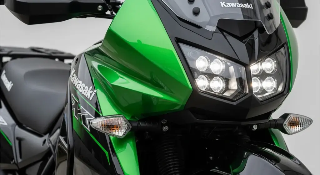 Close-up of the 2026 Kawasaki KLR 650’s new LED headlight and digital instrument panel