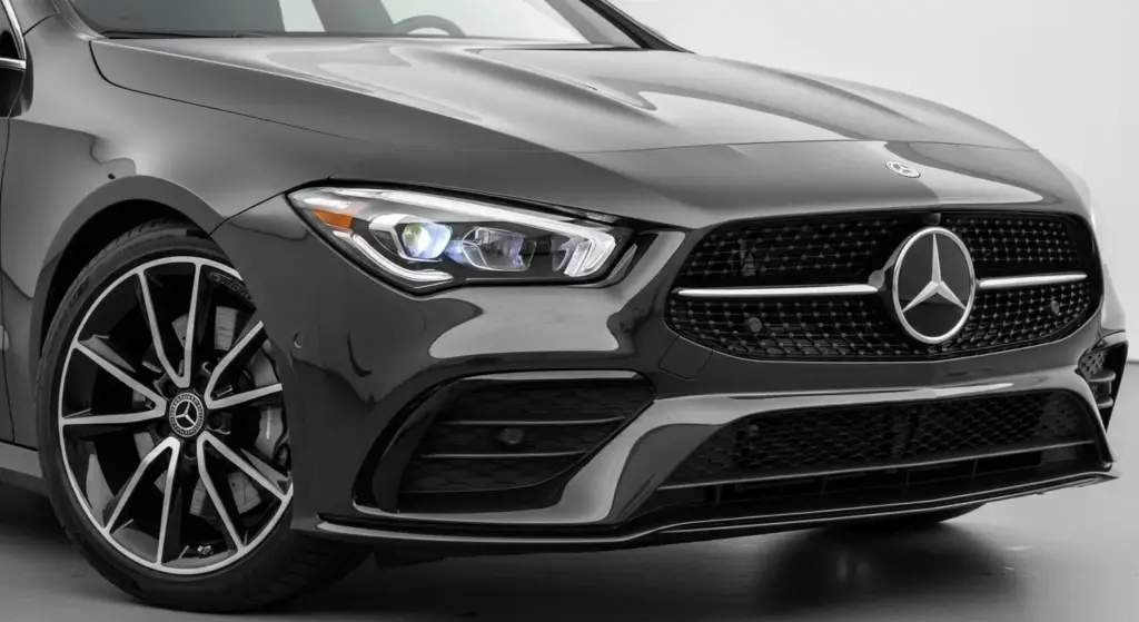 Close-up of the 2026 Mercedes-Benz CLA body design and LED lighting.