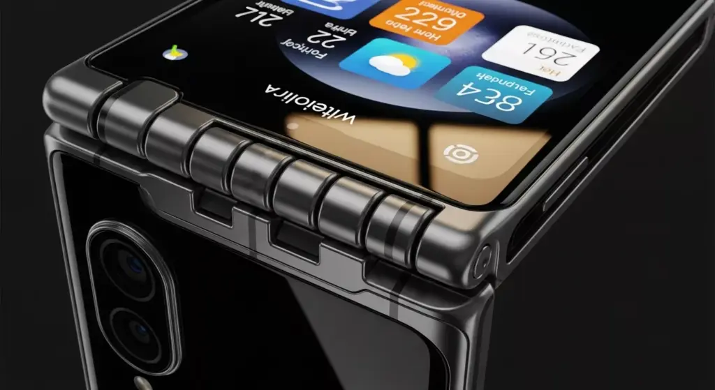 Close-up of the Motorola Razr Ultra 2025 hinge, cover display showing widgets, reflective light on glass back