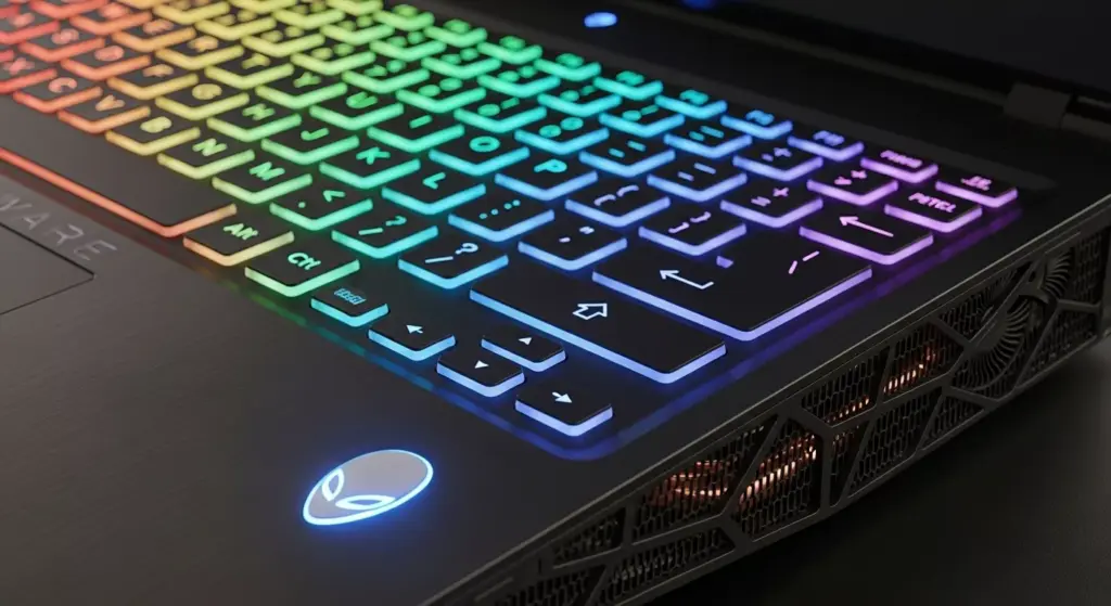 Close-up shot of Alienware 18 Area-51 keyboard with RGB backlight, metallic Alienware logo glowing, and side vents showing advanced cooling design