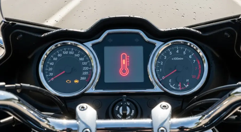 Close-up shot of a motorcycle dashboard showing a red temperature warning light glowing in bright daylight
