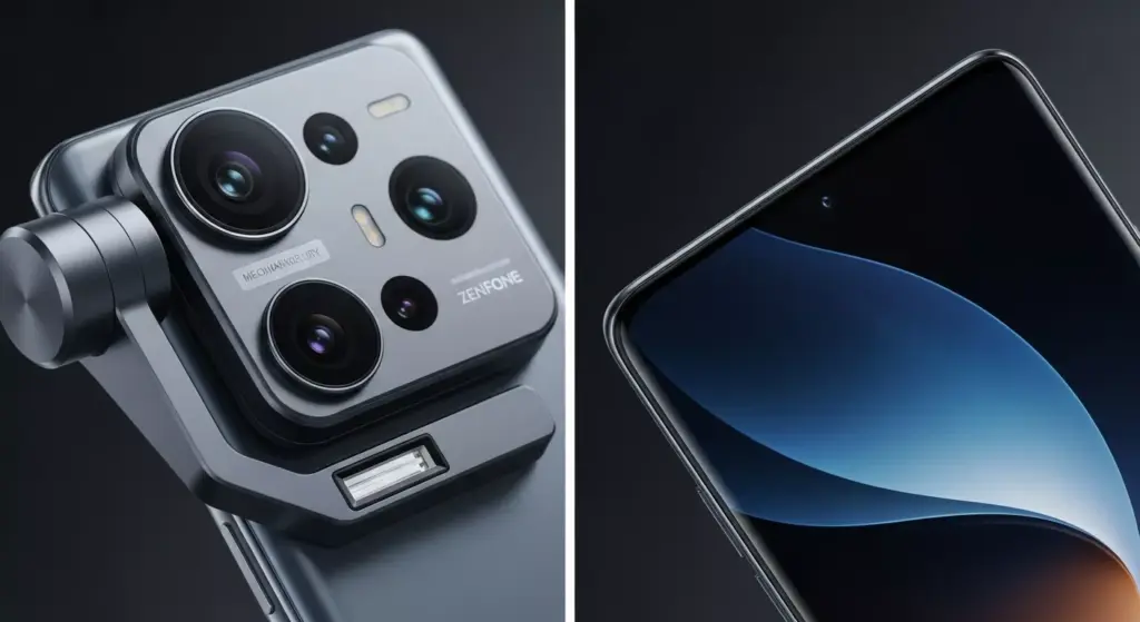 Close-up shots of Zenfone 12 Ultra rear camera gimbal module and curved AMOLED display