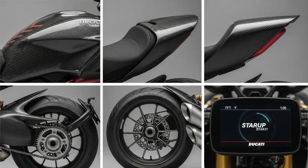 Close-up view of Ducati Diavel V4 RS carbon fiber design and TFT display.