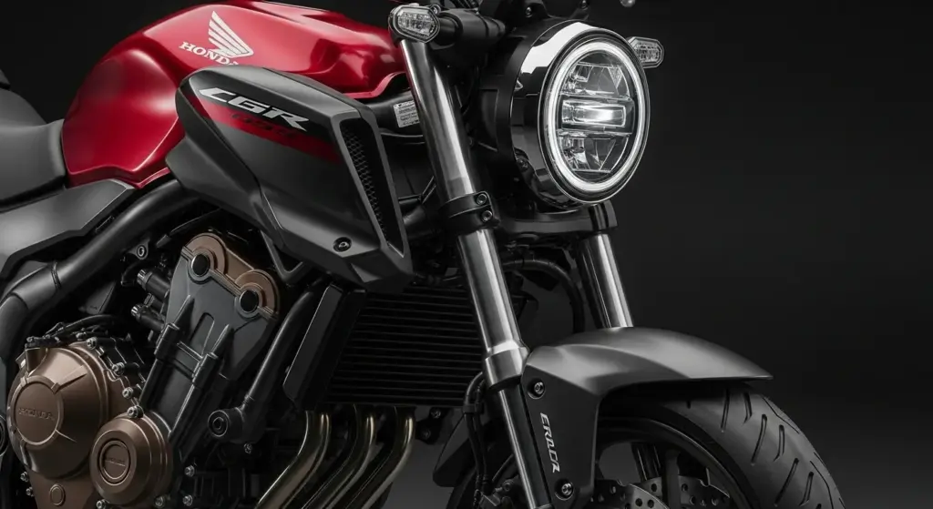 Close-up view of the 2026 Honda CB500SF showing LED lighting, tank lines, and TFT display.