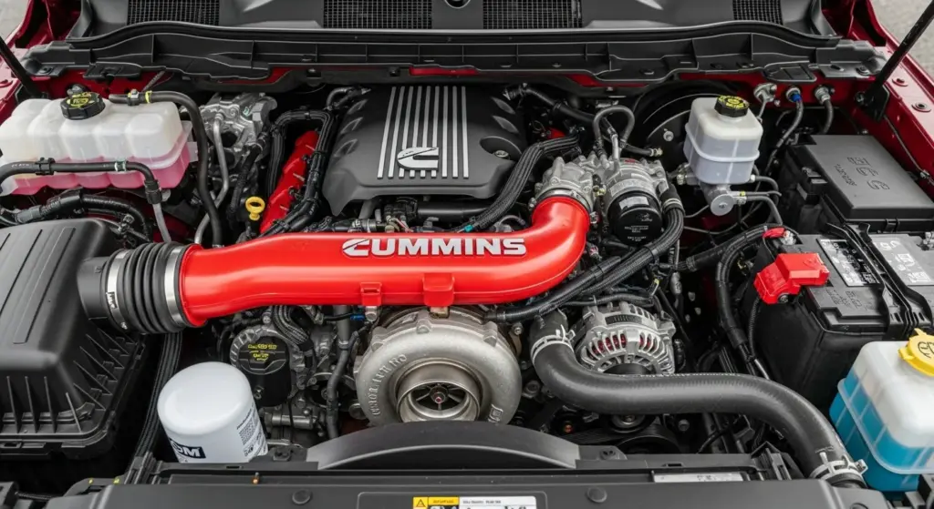 Close-up view of the 6.7L Cummins diesel engine inside the 2026 RAM 2500