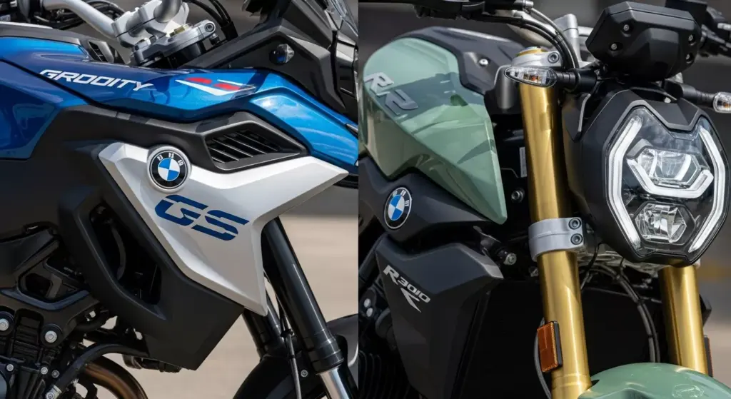 Close-ups of 2026 BMW F 900 GS and R 1300 R — Gravity Blue Metallic and Sage Green Metallic color options in sunlight, showing tank contours and LED headlights