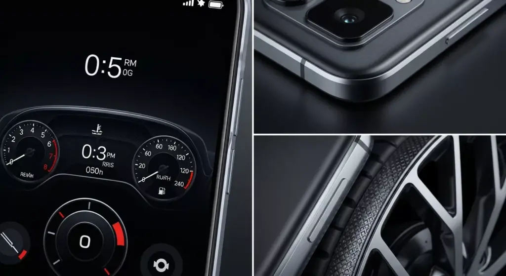 Close-ups of Redmi Note 14 5G exterior, instrument cluster-like UI screen, body lines, rims