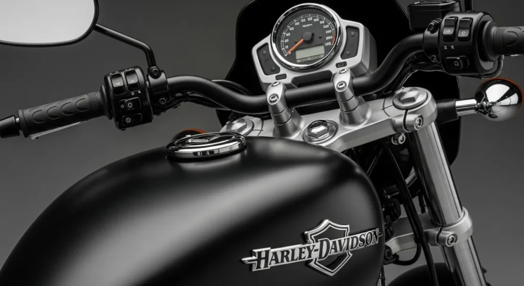 Closeup view of the Harley-Davidson Sprint’s design details including tank