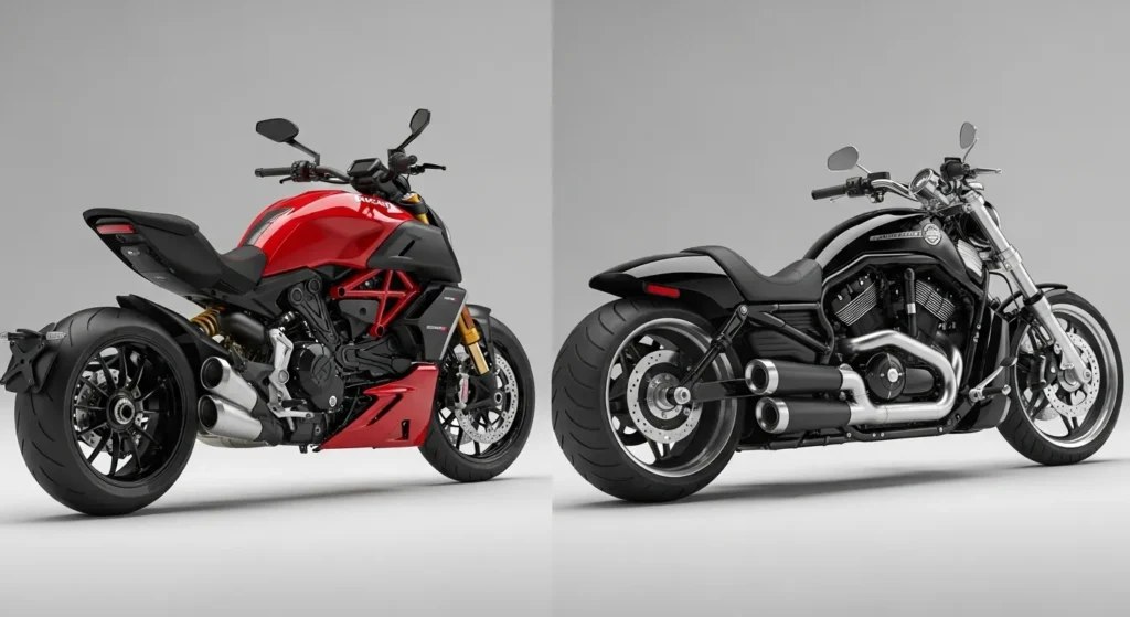 Comparison between Ducati Diavel V4 RS and Harley-Davidson V-Rod muscle cruiser.
