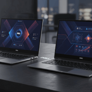 Dell 14 Premium and Dell 16 Premium laptops displayed on a wooden desk with minimalist workspace setup