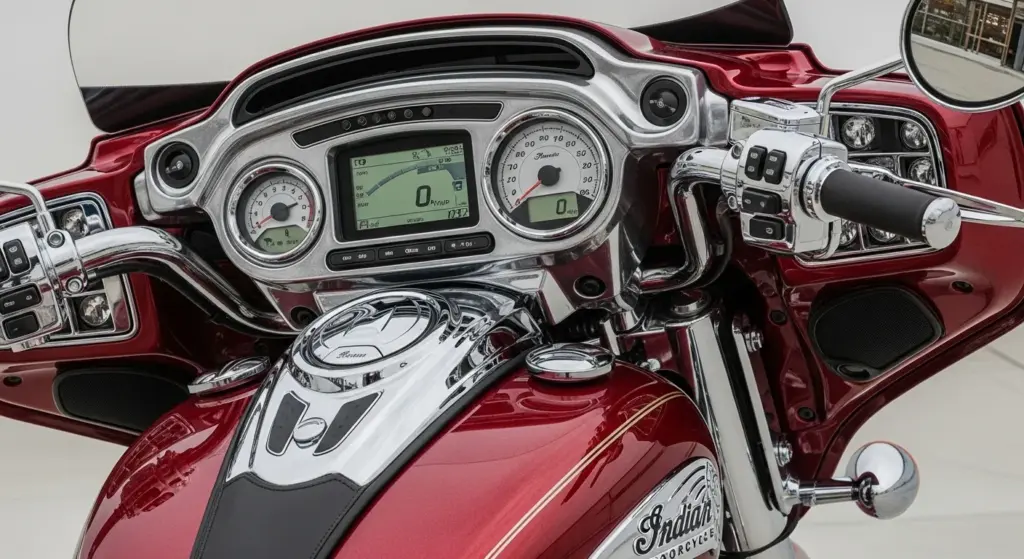 Detailed close-up of Indian Chieftain PowerPlus design, showing front fairing