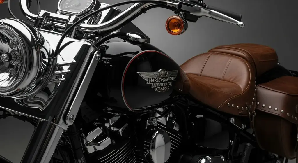 Detailed view of the 2025 Harley-Davidson Heritage Classic’s classic headlamp and fuel tank badge..034Z