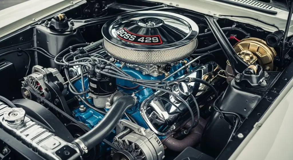 Detailed view of the 429 cubic-inch V8 engine inside the 1969 Ford Mustang Boss 429