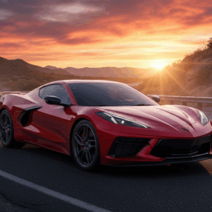 Driver with 2026 Corvette E‑Ray in a mountainous U.S. landscape