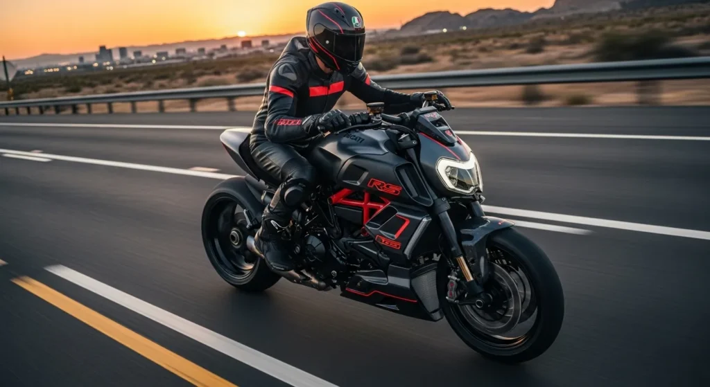 Ducati Diavel V4 RS in action on a U.S. highway, showing speed and performance