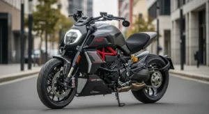 Ducati Diavel V4 RS limited edition motorcycle showcased in a stylish outdoor setting