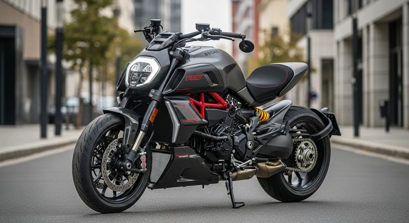 Ducati Diavel V4 RS limited edition motorcycle showcased in a stylish outdoor setting