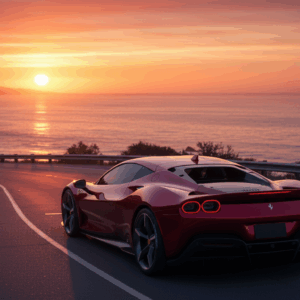 Ferrari Elettrica electric supercar on a California coastal highway at sunset.