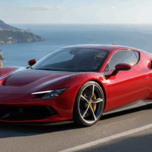 Ferrari Elettrica electric supercar in Rosso Corsa red during official outdoor showcase.