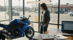 Woman considering motorcycle purchase in dealership.
