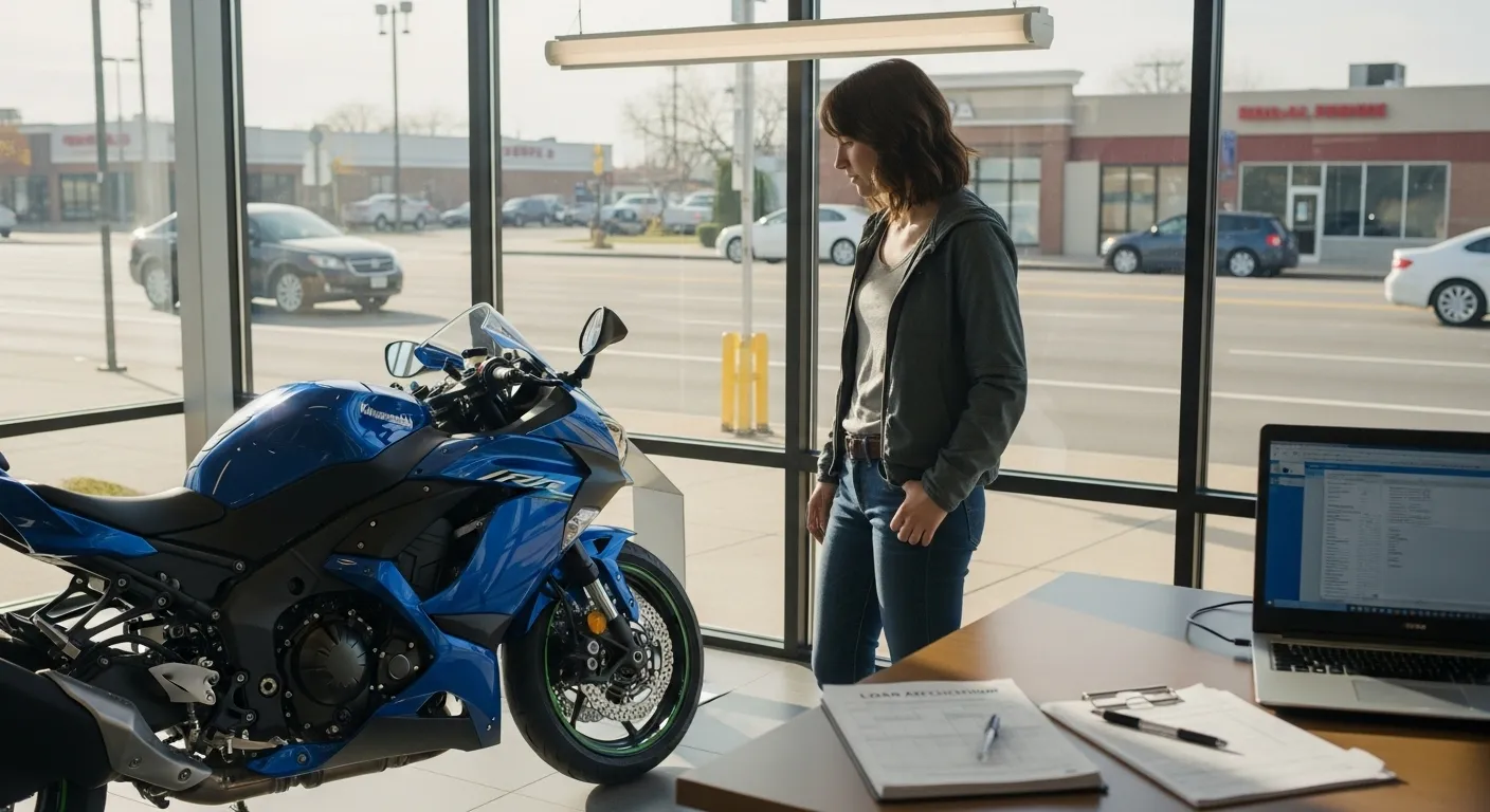Woman considering motorcycle purchase in dealership.