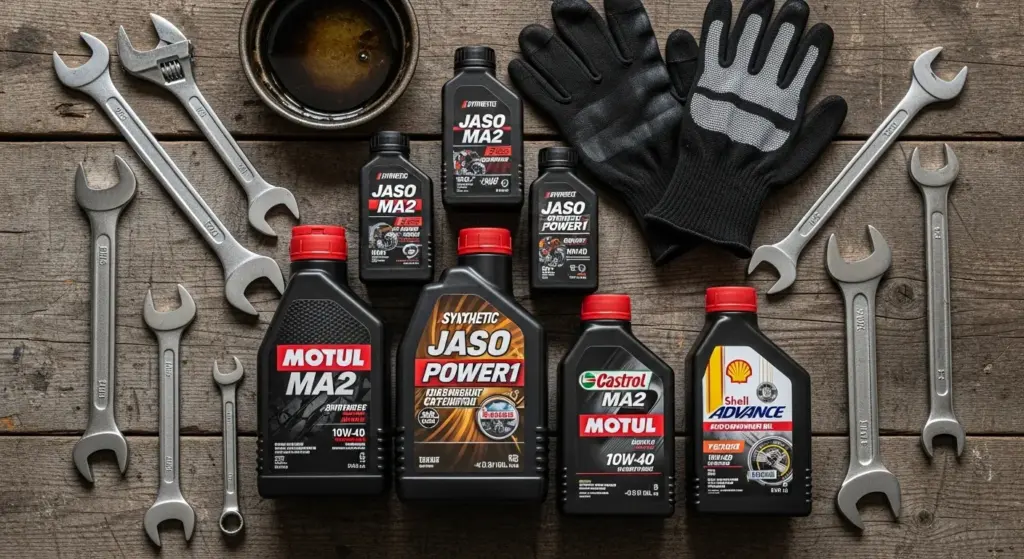 Flat lay of synthetic motorcycle oil bottles labeled JASO MA2 with wrenches and gloves on a garage table.